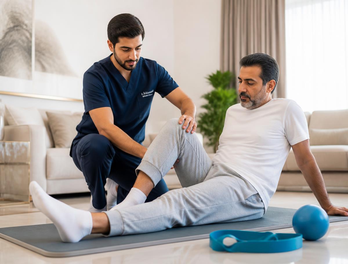 أخصائي علاج طبيعي يساعد مريضاً على تمارين الحركة